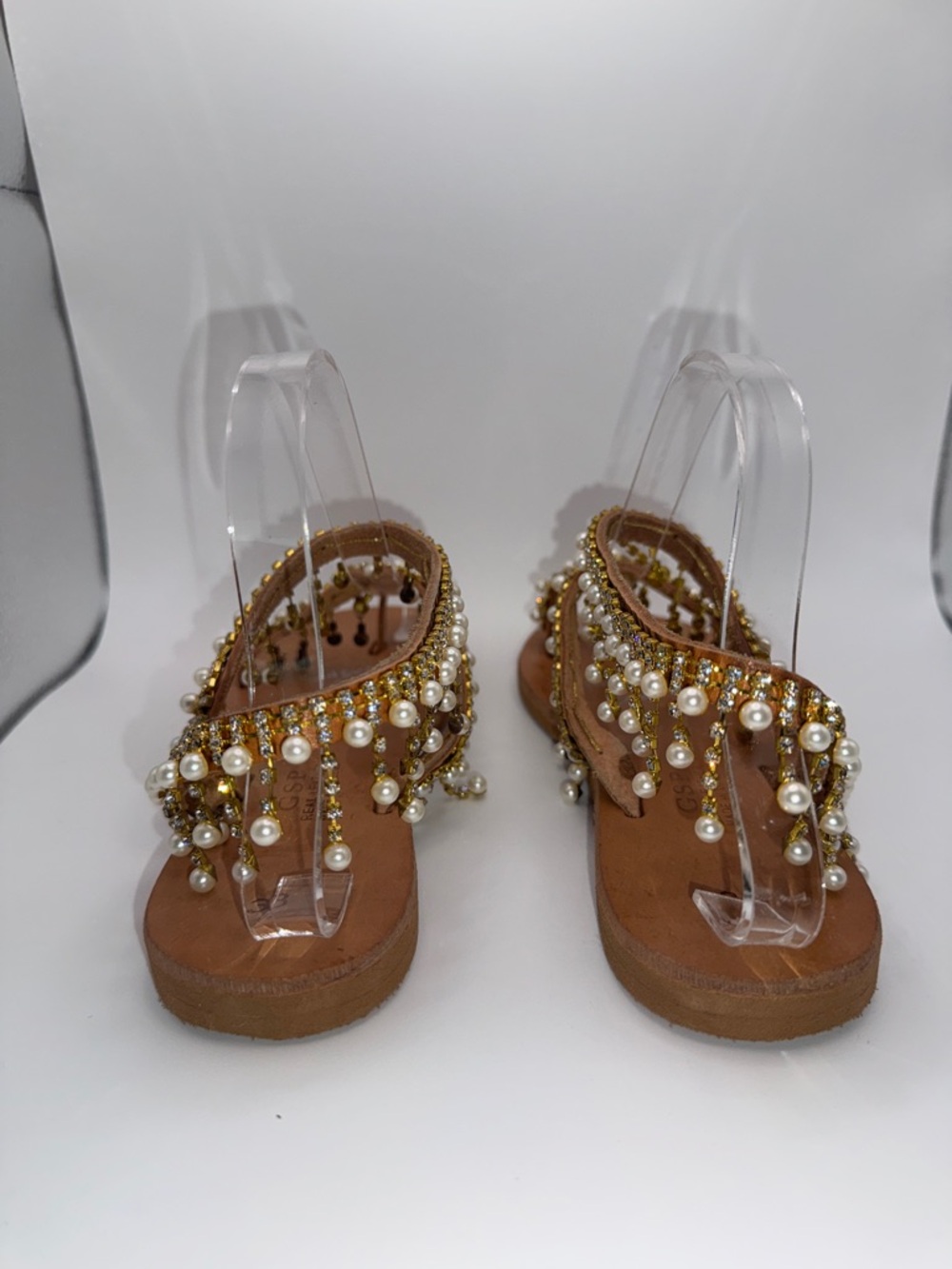 Innovative Greek Sandals GSP Real Leather Pearl Rhinestone Gold Flat Sandal - Picture 5 of 16